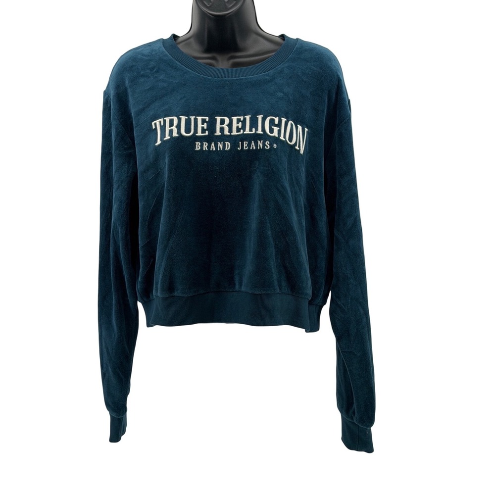 True Religion Sweatshirt Womens XL Velour Embroidered Logo Cropped Top Casual